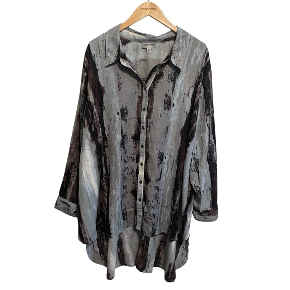 Catherines Gray Abstract Print Button Down Collared Shirt Size 3XWP